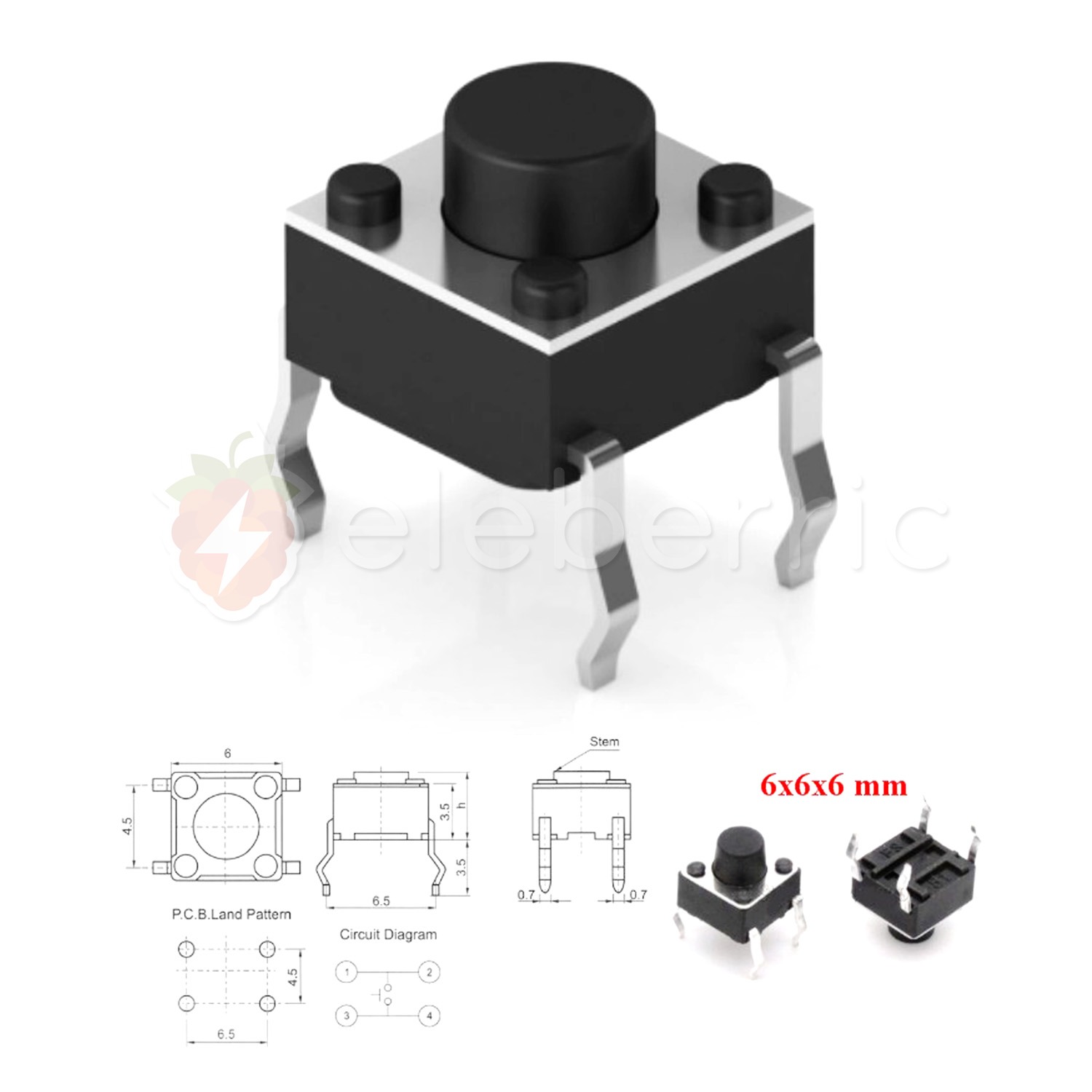 100x Tactile Push Button Switch – 6x6x5mm, 4-Pin DIP – Tact Switch, Unbranded