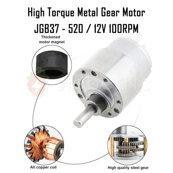 JGB37-520 12V 100 RPM High Torque Metal Gear Motor - Image 4