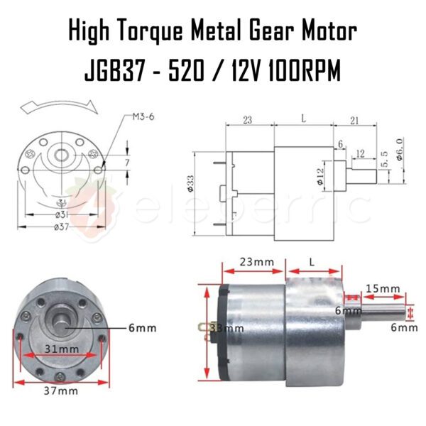 JGB37-520 12V 100 RPM High Torque Metal Gear Motor - Image 7