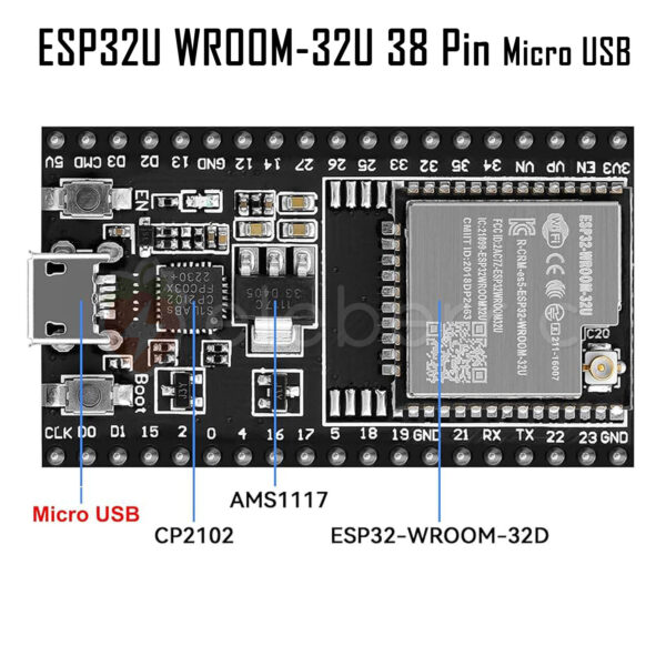 ESP32U WROOM-32U WiFi+BLE Dev Board (38 Pin) - Image 3